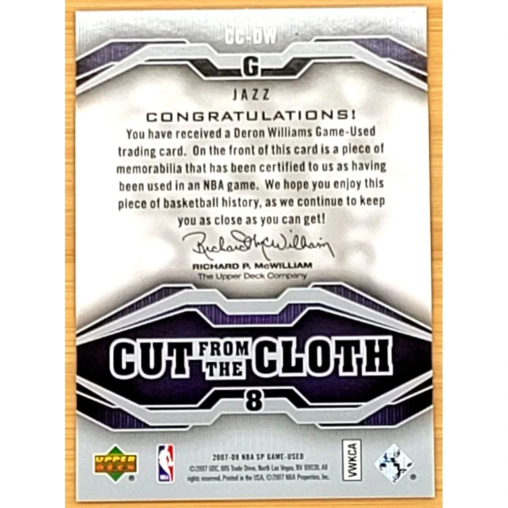 2007-08 SP GAME USED DERON WILLIAMS CUT‎ FROM THE CLOTH GAME USED JERSEY